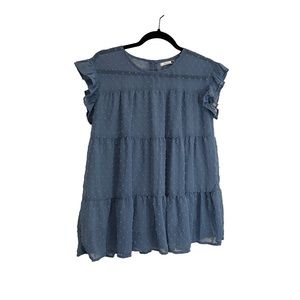 DoRose Blue Swiss Dot Short Sleeve Keyhole Sheer Tiered Top Blouse Womens Size S